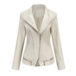 E-girl Damen Elfenbein Lederjacke Schlank Kurz Kunstleder Stehkragen Jacket Reißverschluss Motorrad Jacke für Frühling und Herbst,3XL,C257N von E-girl