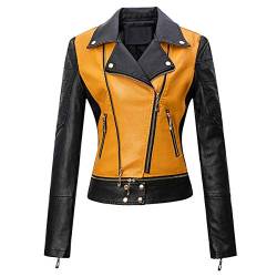 E-girl Damen Gelb Kunstleder Motorrad Jacke Lederjacke Schlank Reißverschluss Revers Kurz Mantel,P8820,XS von E-girl