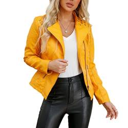 E-girl Damen Gelb Kunstleder Motorrad Jacke Lederjacke Schlank Reißverschluss Stehkragen Kurz Mantel,46,P6638 von E-girl