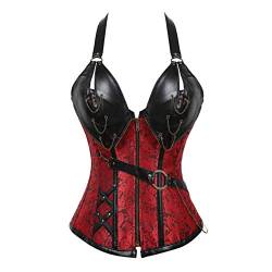 E-girl Damen Große Größen Schnürt Sich Corsage Korsett Faux Leder G-String Top Korsett Stahl entbeint,C653,Rot,4XL von E-girl