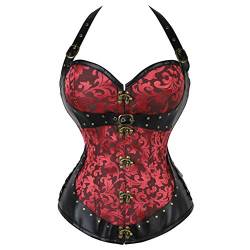 E-girl Damen Retro Schnürt Sich Corsage Korsett Faux Leder G-String Top Korsett Stahl entbeint,C702,Rot,L von E-girl