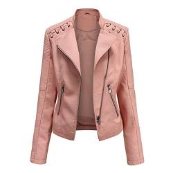 E-girl Damen Rosa Kunstleder Motorrad Jacke Lederjacke Schlank Reißverschluss Stehkragen Kurz Mantel,42,P6638 von E-girl