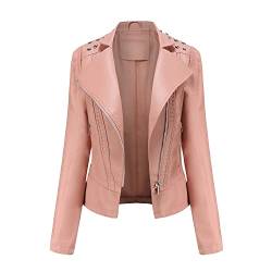 E-girl Damen Rosa Lederjacke Schlank Kurz Kunstleder Revers Jacket Reißverschluss Motorrad Jacke für Frühling und Herbst,XXL,C6637N von E-girl