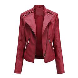 E-girl Damen Rot Kunstleder Motorrad Jacke Lederjacke Schlank Reißverschluss Stehkragen Kurz Mantel,38,P6638 von E-girl