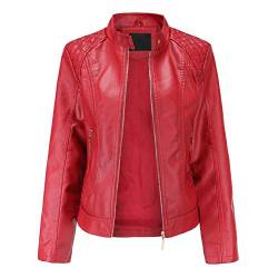 E-girl Damen Rot Kunstleder Motorrad Jacke Lederjacke Schlank Reißverschluss Stehkragen Kurz Mantel,44,PB536 von E-girl