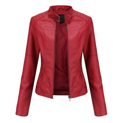 E-girl Damen Rot Kunstleder Motorrad Jacke Lederjacke Schlank Reißverschluss Stehkragen Kurz Mantel,48,PN767 von E-girl