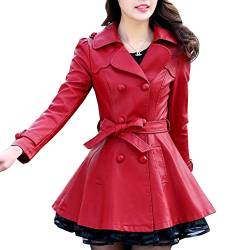 E-girl Damen Rot Kunstleder Trench Jacke Lederjacke Schlank Schaltfläche Revers Mittlere Länge Mantel,P730,4XL von E-girl