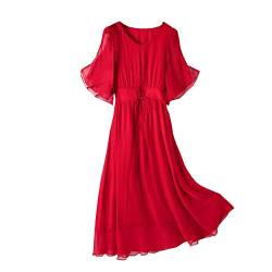 E-girl Damen Rot Seiden Kleid Kurzarm V-Ausschnitt Solide 100% Seiden Langes Seiden Kleid,E1971,M von E-girl