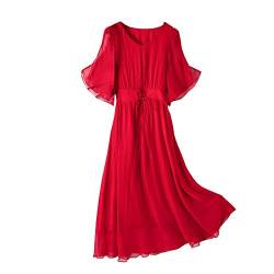 E-girl Damen Rot Seiden Kleid Kurzarm V-Ausschnitt Solide 100% Seiden Langes Seiden Kleid,E1971,S von E-girl