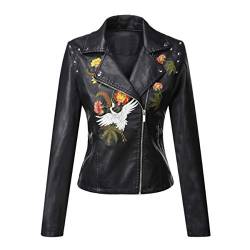 E-girl Damen Schwarz Kunstleder Motorrad Jacke Lederjacke Niet Stickerei Revers Kurz Mantel,P30086,L von E-girl