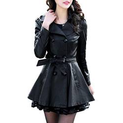 E-girl Damen Schwarz Kunstleder Trench Jacke Lederjacke Schlank Schaltfläche Revers Mittlere Länge Mantel,P730,XL von E-girl