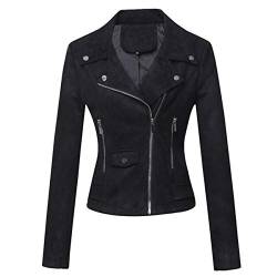 E-girl Damen Schwarz Wildleder Motorrad Jacke Lederjacke Schlank Reißverschluss Revers Kurz Mantel,P120-1,M von E-girl