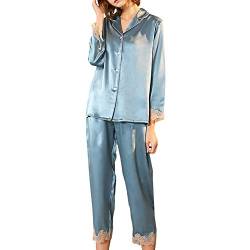 E-girl Damen Seidenpyjama Seiden Schlafanzug Nachtanzug mit Spitze 100% Seide Nachtwäsche Langarm T8226,Blau,L von E-girl