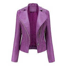 E-girl Damen Violett Lederjacke Schlank Kurz Kunstleder Revers Jacket Reißverschluss Motorrad Jacke für Frühling und Herbst,XL,C6637N von E-girl