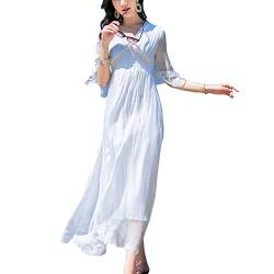 E-girl Damen Weiß Seiden Kleid 3/4-Arm V-Ausschnitt Solide 100% Seiden Langes Seiden Kleid,E1981,M von E-girl
