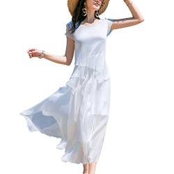 E-girl Damen Weiß Seiden Kleid Kurzarm Rundhals Solide 100% Seiden Langes Seiden Kleid,E6608,L von E-girl