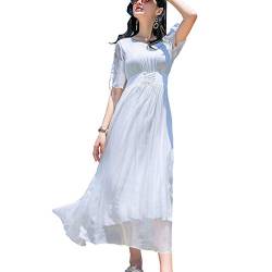 E-girl Damen Weiß Seiden Kleid Kurzarm V-Ausschnitt Solide 100% Seiden Langes Seiden Kleid,E1971,XL von E-girl