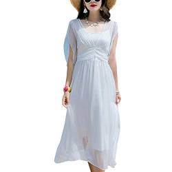 E-girl Damen Weiß Seiden Kleid Kurzarm V-Ausschnitt Solide 100% Seiden Langes Seiden Kleid,E6603,L von E-girl