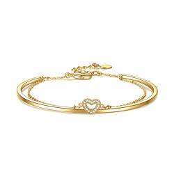 E 14 Karat vergoldetes geschichtetes Herz-Armband-Armband für Frauen Mädchen Damen verstellbares Liebes-Herz-Gold-zweilagiges Ketten-Armband-Armband Schmuckgeschenk für Frauen von E