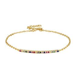 E 925 Sterling Silber Rainbow Chian Armbänder für Damen, 18 Karat vergoldet mit Zirkonia, einfache verstellbare Kette von E