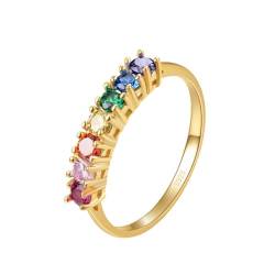E Rainbow Anniversary Eternity Ring für Frauen, Trauringe, 925er Sterling Silber, 14 Karat vergoldet, AAA-Zirkonia (Quadrat, 52 (16.6)) von E