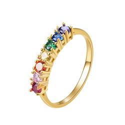 E Rainbow Anniversary Eternity Ring für Frauen, Trauringe, 925er Sterling Silber, 14 Karat vergoldet, AAA-Zirkonia (Quadrat, 57 (18.1)) von E