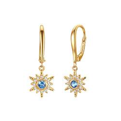 Star Charm Danlge Ohrringe mit blau-weißem Zirkonia, 14 Karat vergoldet Leverback French Hook Ohrringe für Frauen von E