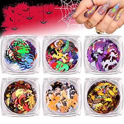 6 STÜCKE Halloween Nagel Pailletten, EBANKU Spinne Kürbisse Skelett Flamme Nail Art Pailletten Glitzer,Halloween Maniküre Nagel Dekoration für DIY Nail Art Decor Frauen Mädchen von EBANKU