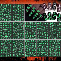 EBANKU 12 Blatt Halloween Leuchtend Nagelsticker, Glow in Dark Nagelaufkleber Selbstklebende Halloween Nägel Kürbis Fledermaus Ghost Designs für Frauen Mädchen DIY Halloween Maniküre von EBANKU