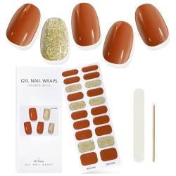 EBANKU Halbgehärtete Gel Nagelstreifen, lila weiße Gel Nagelstreifen, langlebig, wasserfest, echte Nagellackstreifen, Wraps, Aufkleber mit Nagelhautstift, Nagelfeile (Orange Red and Glod) von EBANKU