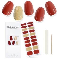 EBANKU Halbgehärtete Gel Nagelstreifen, lila weiße Gel Nagelstreifen, langlebig, wasserfest, echte Nagellackstreifen, Wraps, Aufkleber mit Nagelhautstift, Nagelfeile (Red and Glod) von EBANKU