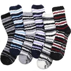 EBMORE Damen Kuschelsocken Warme Haussocken Flauschige Wintersocken Dicke Socken Geschenke Bettsocken Weihnachtssocken 6 Paar(Streifen A (6 Paare)) von EBMORE