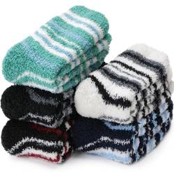 EBMORE Damen Kuschelsocken Warme Haussocken Flauschige Wintersocken Dicke Socken Geschenke Bettsocken Weihnachtssocken 6 Paar(Streifen B (6 Paare)) von EBMORE