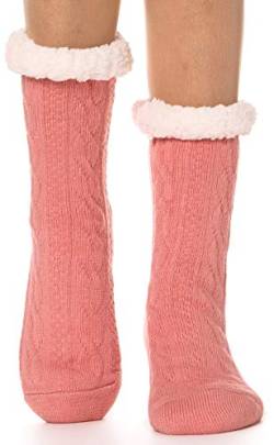 EBMORE Damen Kuschelsocken Warme Stoppersocken Rutschsichere Hausschuhe Dicke Socken Winter Hüttensocken Geschenk Flauschig Weihnachtssocken(Rosa) von EBMORE