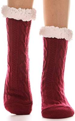 EBMORE Damen Kuschelsocken Warme Stoppersocken Rutschsichere Hausschuhe Dicke Socken Winter Hüttensocken Geschenk Flauschig Weihnachtssocken(Rot) von EBMORE