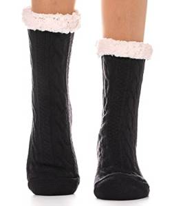 EBMORE Damen Kuschelsocken Warme Stoppersocken Rutschsichere Hausschuhe Dicke Socken Winter Hüttensocken Geschenk Flauschig Weihnachtssocken(Schwarz) von EBMORE