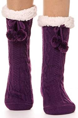 EBMORE Damen Kuschelsocken Warme Stoppersocken Rutschsichere Hüttensocken Winter Geschenk Flauschig Weihnachtssocken Hausschuhe Socken(Ball Lila) von EBMORE