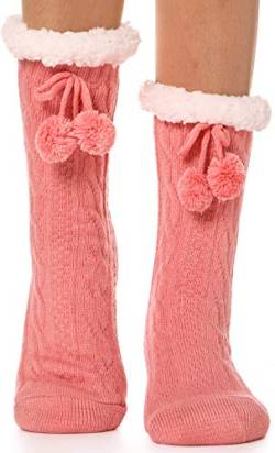 EBMORE Damen Kuschelsocken Warme Stoppersocken Rutschsichere Hüttensocken Winter Geschenk Flauschig Weihnachtssocken Hausschuhe Socken(Ball Rosa) von EBMORE