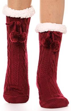 EBMORE Damen Kuschelsocken Warme Stoppersocken Rutschsichere Hüttensocken Winter Geschenk Flauschig Weihnachtssocken Hausschuhe Socken(Ball Rot) von EBMORE