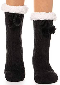 EBMORE Damen Kuschelsocken Warme Stoppersocken Rutschsichere Hüttensocken Winter Geschenk Flauschig Weihnachtssocken Hausschuhe Socken(Ball Schwarz) von EBMORE