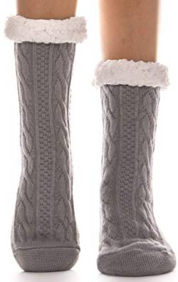 EBMORE Damen Kuschelsocken Warme Stoppersocken Rutschsichere Weihnachtssocken Dicke Hüttensocken Winter Geschenke für Frauen Weihnachten Christmas Socks Hausschuhe Socken (Grau) von EBMORE