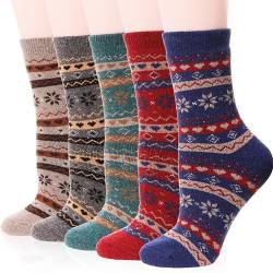 EBMORE Damen Wollsocken Merino Warme Wandersocken Dicke Winter Wolle Geschenke Socken Thermosocken Wintersocken für Damen 5 Paar(Schneeflocke) von EBMORE