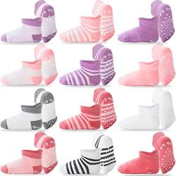 EBMORE Stoppersocken Kinder Baby Socken Antirutschsocken für Kinder Mädchen Jungen Kleinkinder Anti Rutsch Baumwollsocken Geschenke Babysocken 12 Paar(Rosa gestreift （12 Paare）,6-12 Monate) von EBMORE