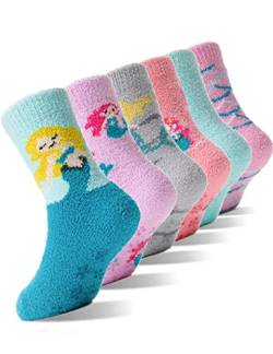 EBMORE Stoppersocken Kinder Kuschelsocken Mädchen Dicke Socken Warme Anti Rutsch Wintersocken Flauschige Bettsocken Geschenke Haussocken 6 Paare(Meerjungfrau,4-7 Jahre) von EBMORE