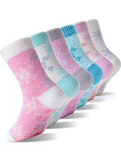 EBMORE Stoppersocken Kinder Kuschelsocken Mädchen Dicke Socken Warme Anti Rutsch Wintersocken Flauschige Bettsocken Geschenke Haussocken 6 Paare(Schneeflocke,8-12 Jahre) von EBMORE