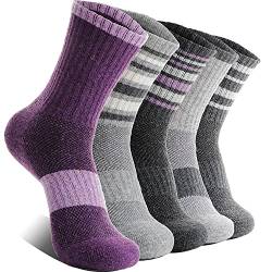 EBMORE Wandersocken Damen Thermosocken Merino Wollsocken Warme Dick Wolle Wintersocken Sportsocken Arbeitssocken socken für Outdoor 5 Paar Geschenke(Streifen A Violett,M) von EBMORE