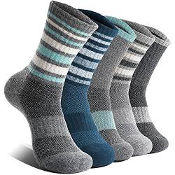 EBMORE Thermosocken Wollsocken Damen Wandersocken Merino Warme Dick Wolle Wintersocken Geschenke Sportsocken Atmungsaktiv Arbeitssocken socken für Outdoor 5 Paar(Streifen B Grau,L) von EBMORE