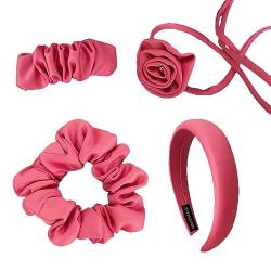 4pcs Mädchen Rosa Haar Zubehör Kit, Blume Halskette, Rosa Haarspangen, Rosa Lederband, Rosa Stirnband, Haarschmuck Für Mädchen Geburtstag, Schule, Scrunchies von EBbels