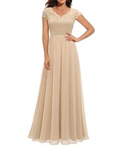 ECDAHICC Damen Elegant Spitze Rüschen Maxikleid V-Ausschnitt Kurze Ärmel Hohe Taille Brautjungfernkleid Langes Abendkleid CE2-L von ECDAHICC