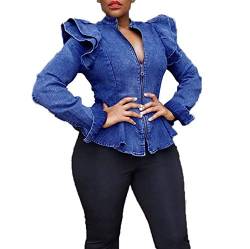ECHOINE Damen-Jeansjacke – langärmelig mit Reißverschluss und Rüschen, Schulter-Jeans, Schößchenjacke, Übergröße - Blau - Mittel von ECHOINE